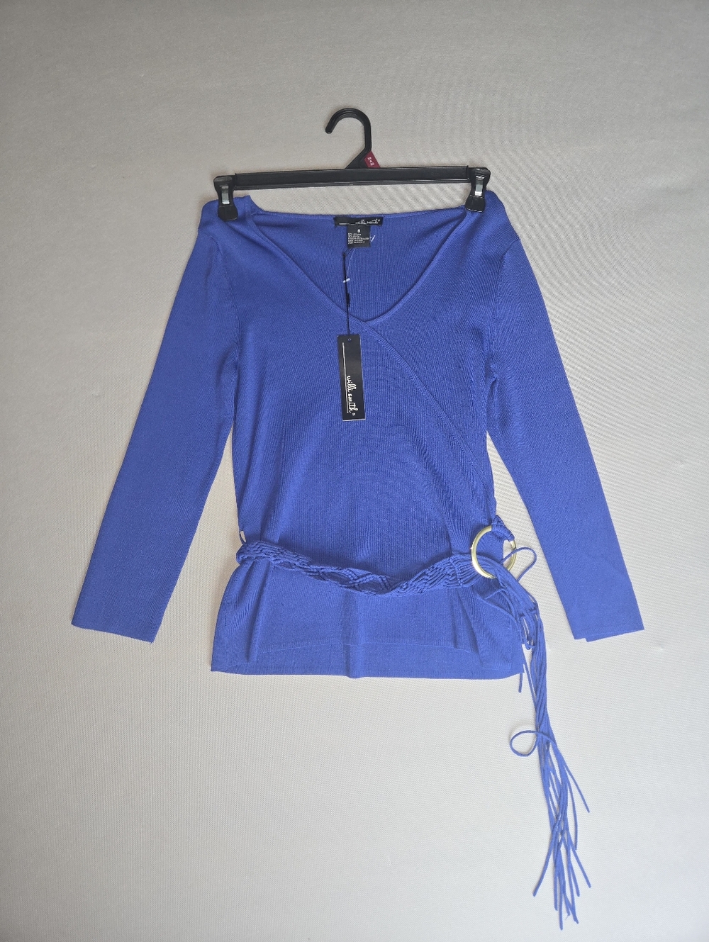 NWT Willi Smith Royal Blue V-Neck Top with Macramé Belt & Gold Ring Detail - S